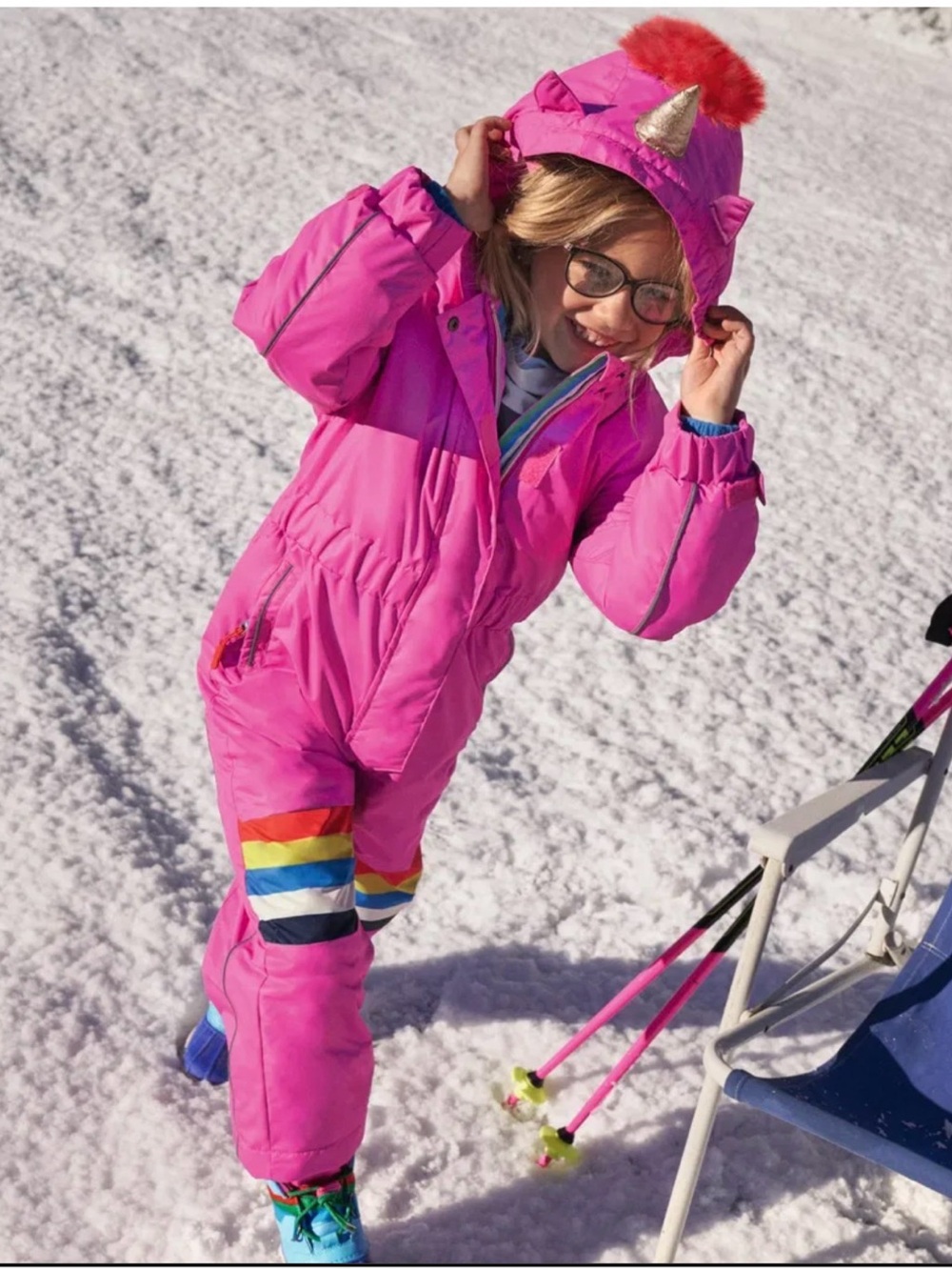 Mini Boden Bright Pink Unicorn Snowsuit with Rainbow Stripes